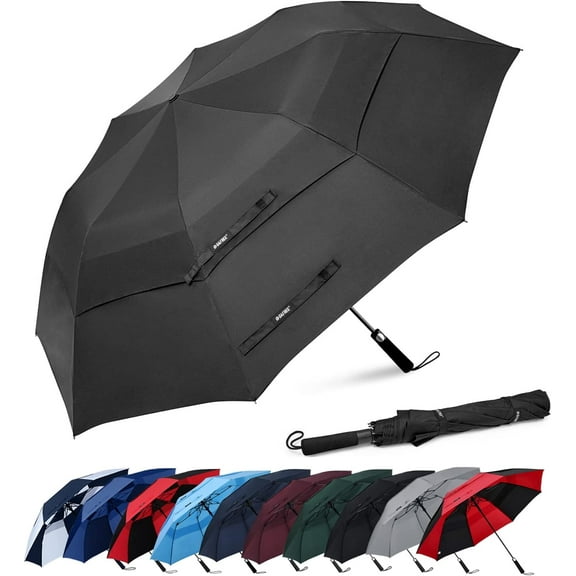62 Inch Portable Golf Umbrella Large Oversize Double Canopy Vented Windproof Waterproof Automatic Open Stick Umbrellas for Men Women(Black)