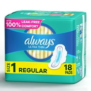 Always Ultra Thin Pads with Wings, Regular, Unscented, 18 Ct
