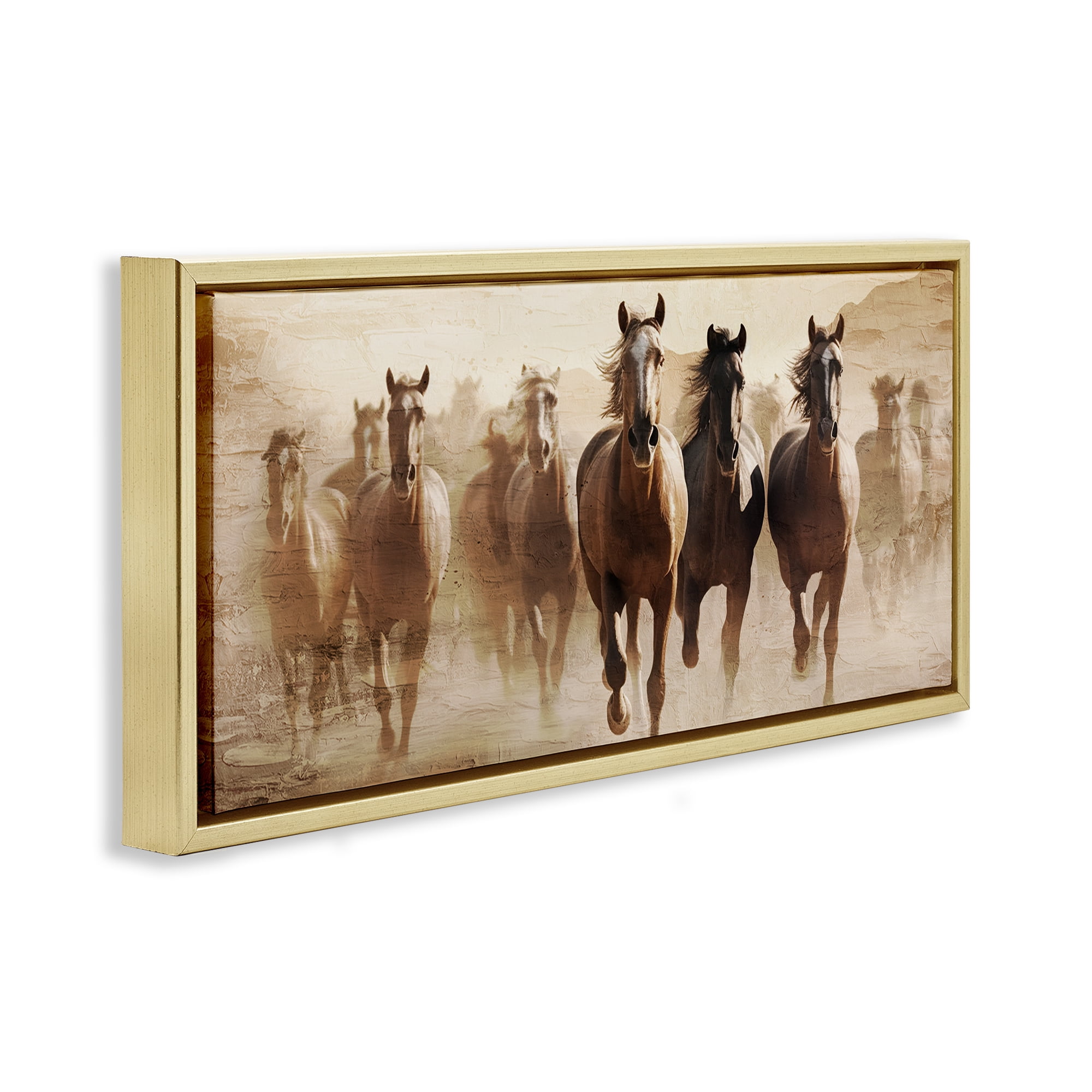 Stupell Industries Rustic Layered Gallop Animals Painting Gold Floater Framed Canvas Art Print Wall Art, 31 x 14