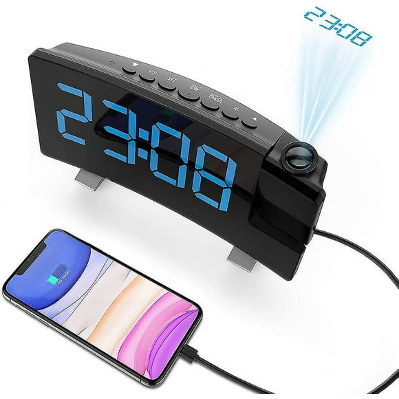 Projection Alarm Clock Radio, Projection Alarm Clock, Blue Blue --- Usb Charging Always Bright Projection Clock