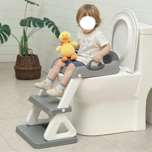 Potty Training Toilet Seat with Step Stool Ladder for Boys and Girls, 2 in 1 Potty Training Toilet, Splash Guard Anti-Slip Pad Step Stool(Gray-White) Pedal Upgrade