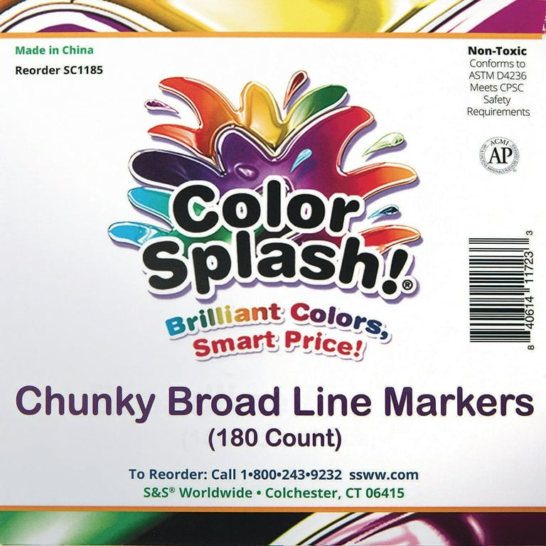 S&S Worldwide Color Splash! Chunky Broad Line Marker Bulk Pack, 15 Ea of 12  Bold Colors, Conical Tips, Extra Big Barrels, For Kids & Adult Coloring,  Water-based & Washable, Non-Toxic, Pack of