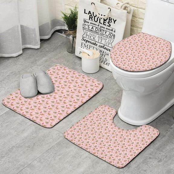 Pink Christmas Gingerbread Pattern Bathroom Rugs Sets 3 Piece,Toilet Cover Set,Absorbent Non Slip Bathroom Mats Sets with U-Shaped Contour Rug Toilet Rug Set