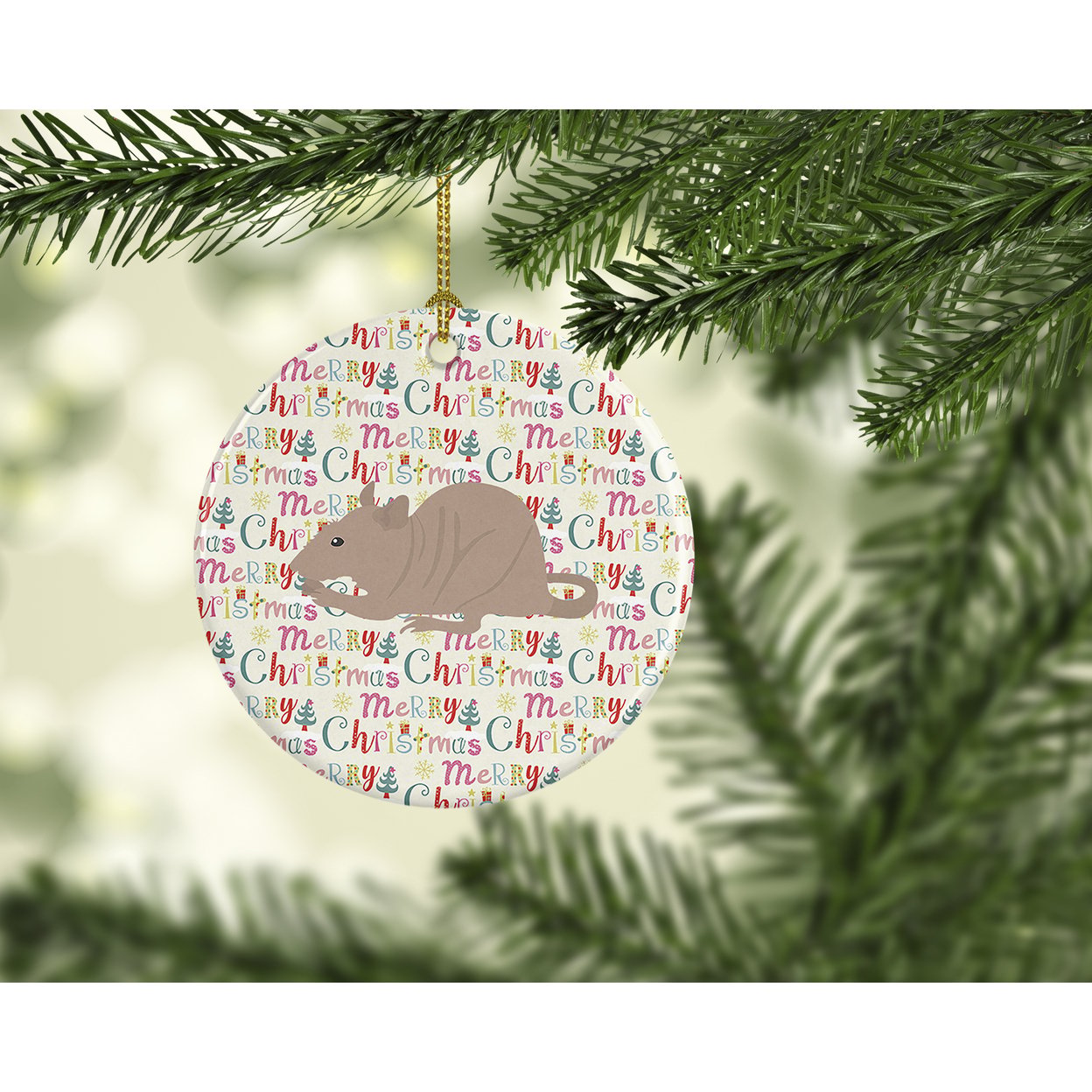 Fuzz Rat Christmas Ceramic Ornament 2.8 in x 2.8 in