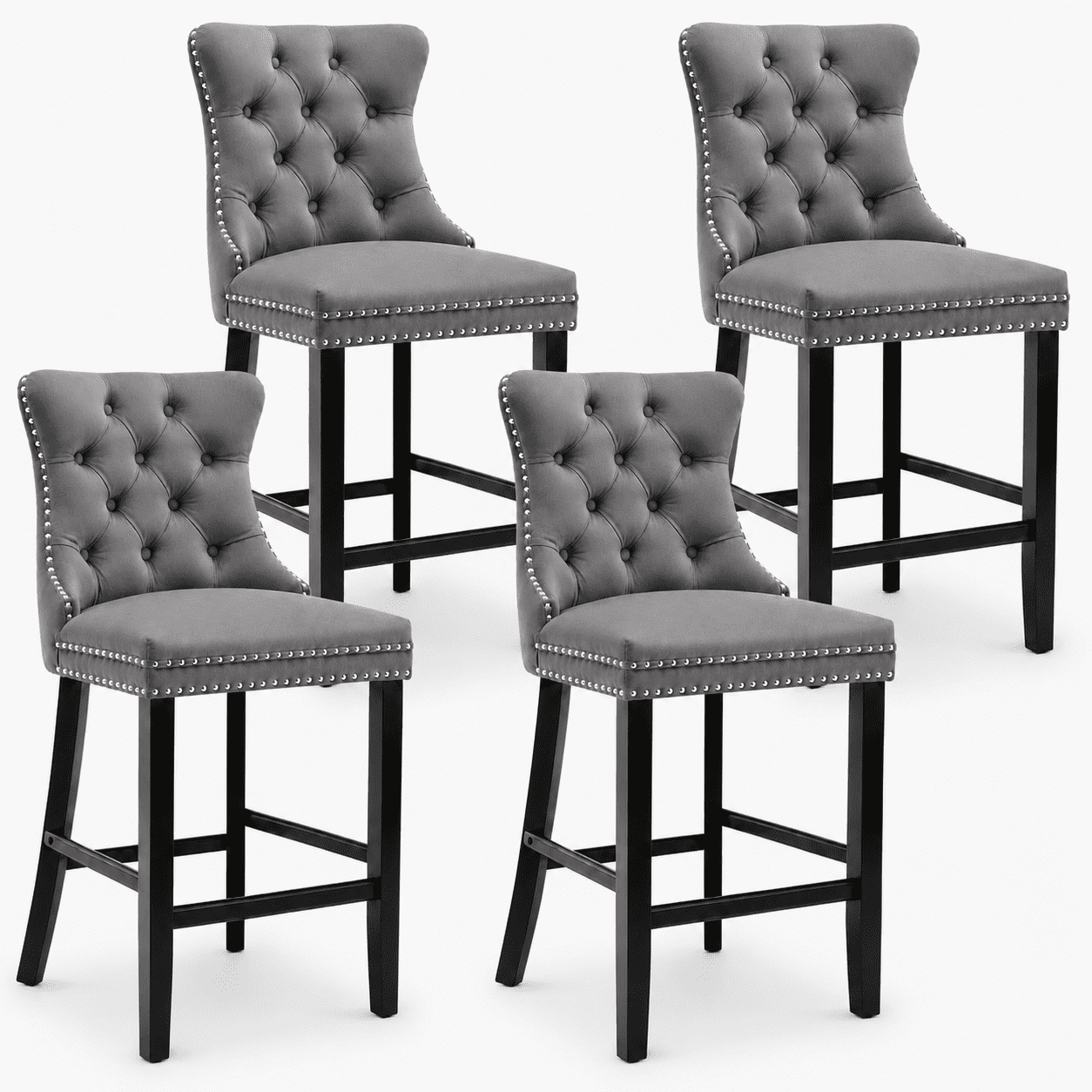 Bar Stools Set of 4, PAPROOS Velvet Bar Stool with Back, Solid Wood Frame & Nailhead Trim, Counter Height Bar Chair Button Tufted Upholstered Seat, Full Back Bar Stools, Gray