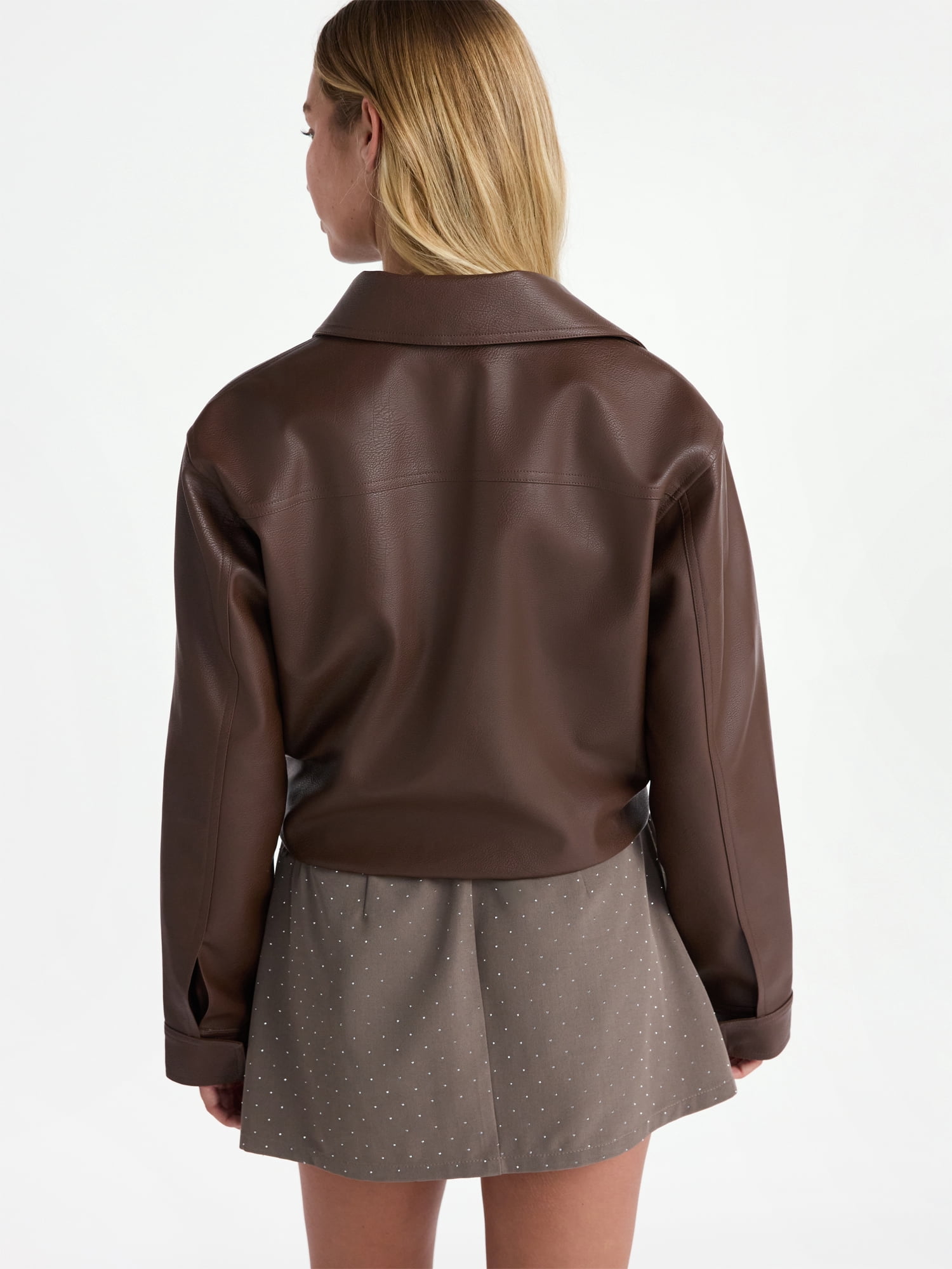No Boundaries Bubble Hem Faux Leather Bomber Jacket, Women's