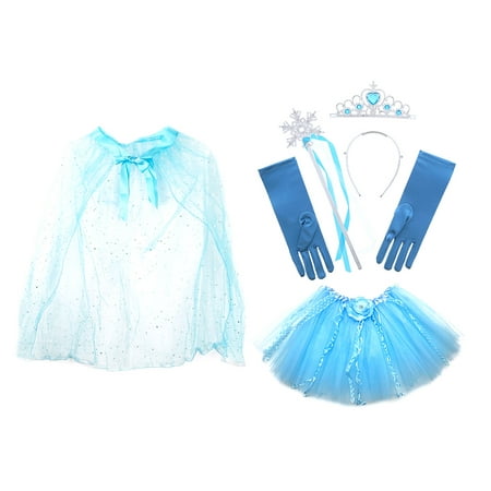 Pretend Play Dress Up Mozlly Blue Princess Twinkle Star Costume Cape and Mozlly Blue Ice Princess Tiara Wand and Gloves Set (4pc Set) and Mozlly Blue 3 Layered Polka Dot Trim Flower Ballerina Tutu