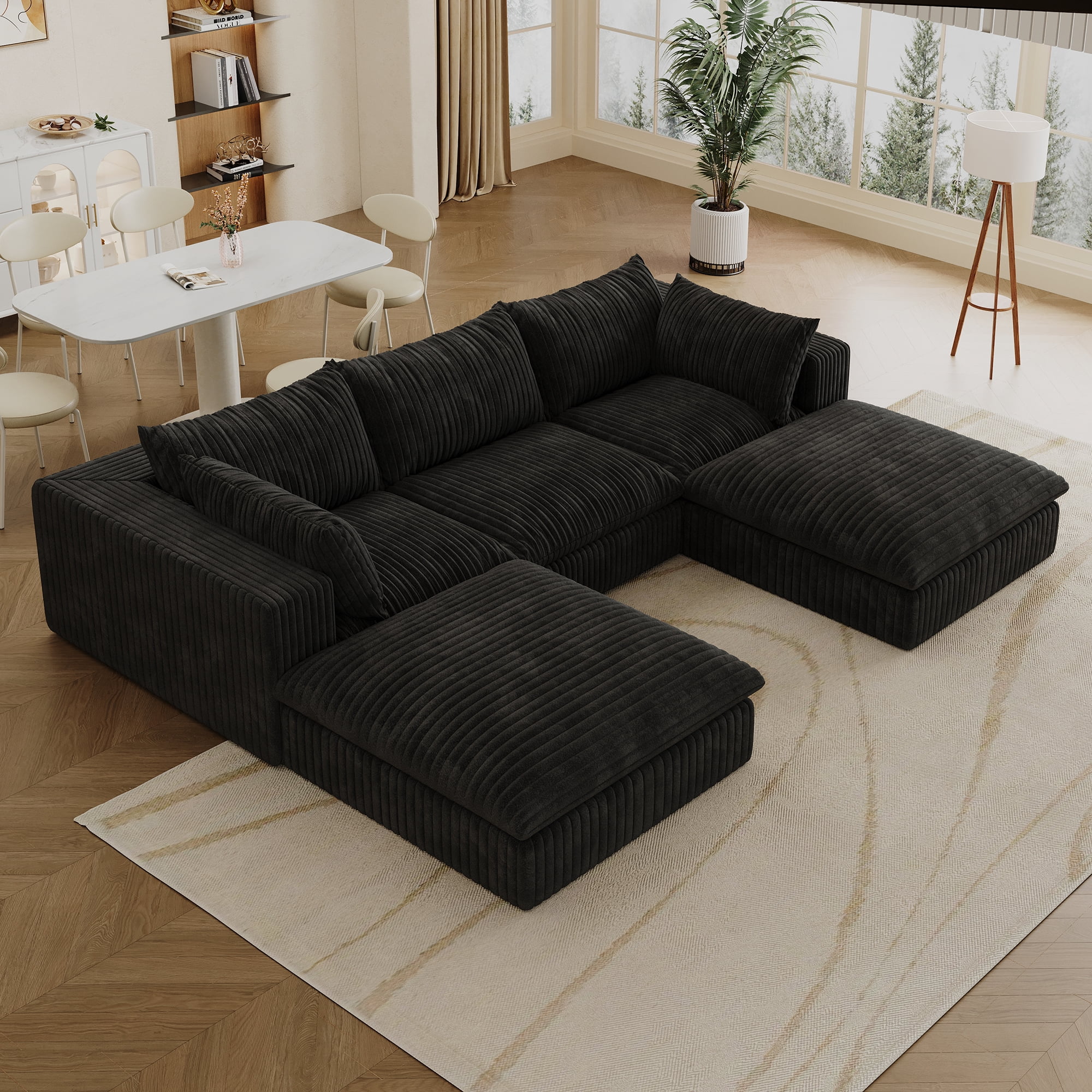 MAYEERTY 118.2" Cloud Sofa Black Corduroy Fabric Deep Seat Double-Layer Design Removable Cushion No Assembly DIY Combination for Multi-Rooms