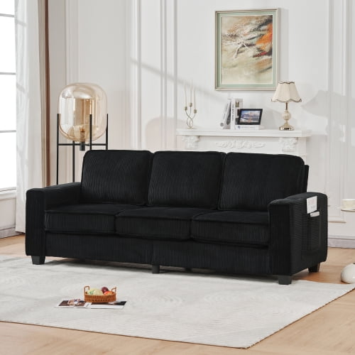 84.25-inch three-seater corduroy sofa, modern compact sofa, living room, study, bedroom, office furniture, (black)