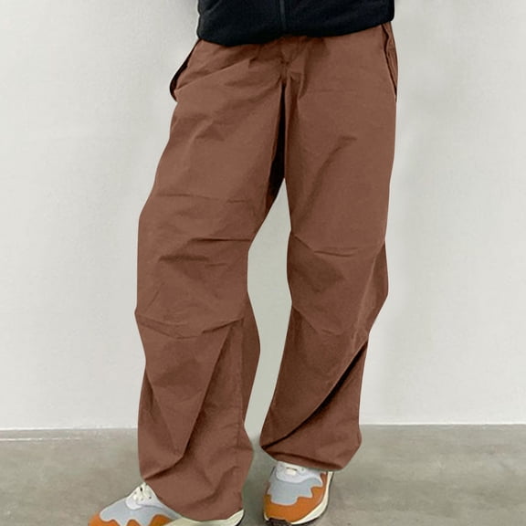 ClodeEU Women's Wide Leg Cargo Pants for Spring Summer,Casual Elastic Waist Pant with Pocket Trousers Brown,Womens Plus S