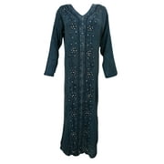 Mogul Womens Casual Shift Dresses Blue Stonewashed Button Front Embroidered Bohemian Maxi Dress
