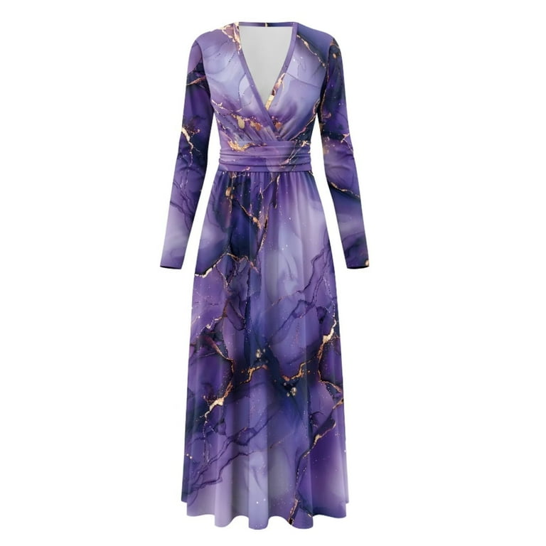 Fkelyi Fall Maxi Dress for Women Long Sleeve A-Line Flowy Dresses with Side Pockets Marble Purple Gold Print V Neck Casual Dress for Spring Winter, Fkelyi Fall Maxi Dress for Women Long Sleeve A-Line Flowy Dresses with Side Pockets Marble Purple Gold Print V Neck Casual Dress for Spring Winter,