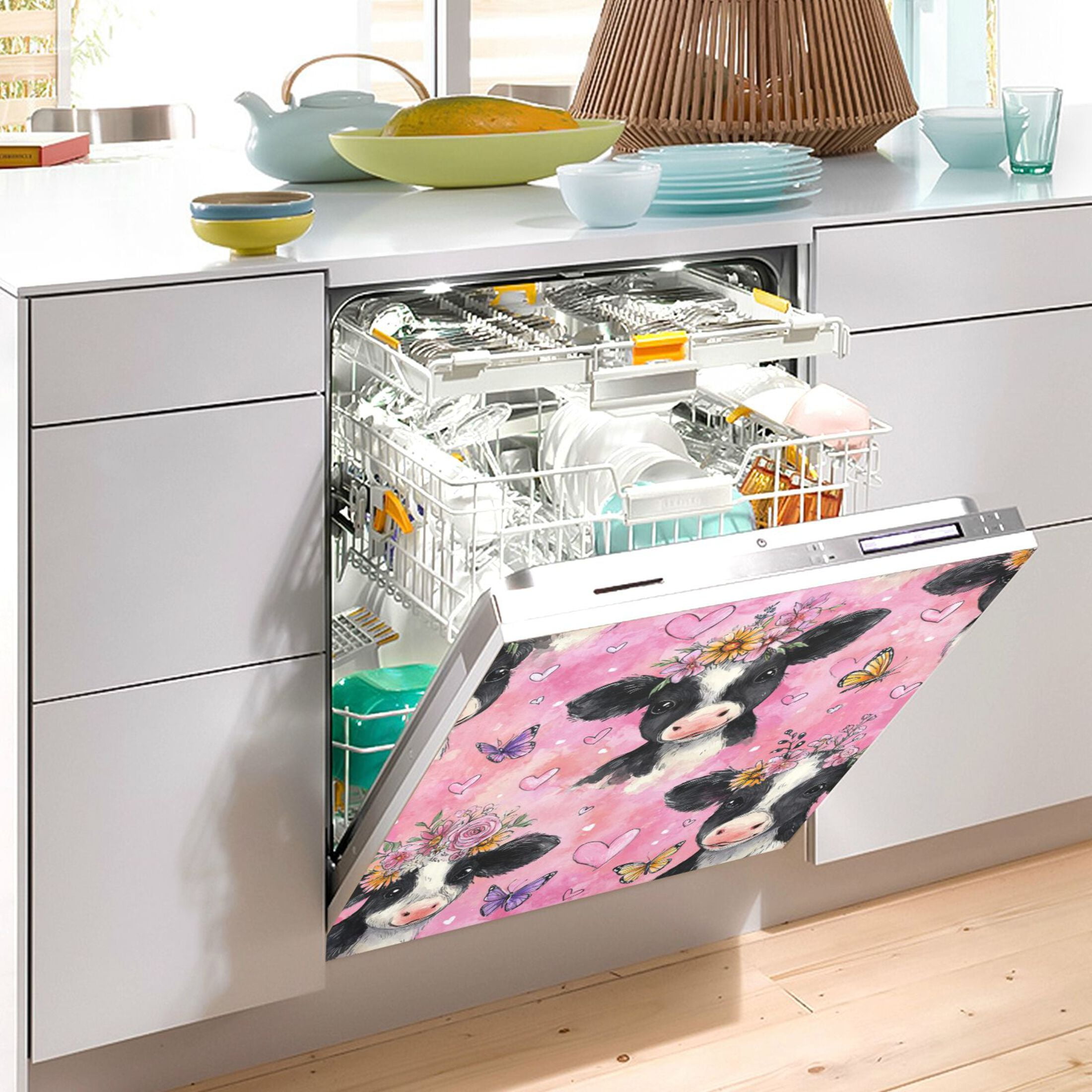 Dishwasher Magnetic Refrigerator Magnet Cover Sticker Home Decorative 23"x26" Cute Baby Cows with Flowers
