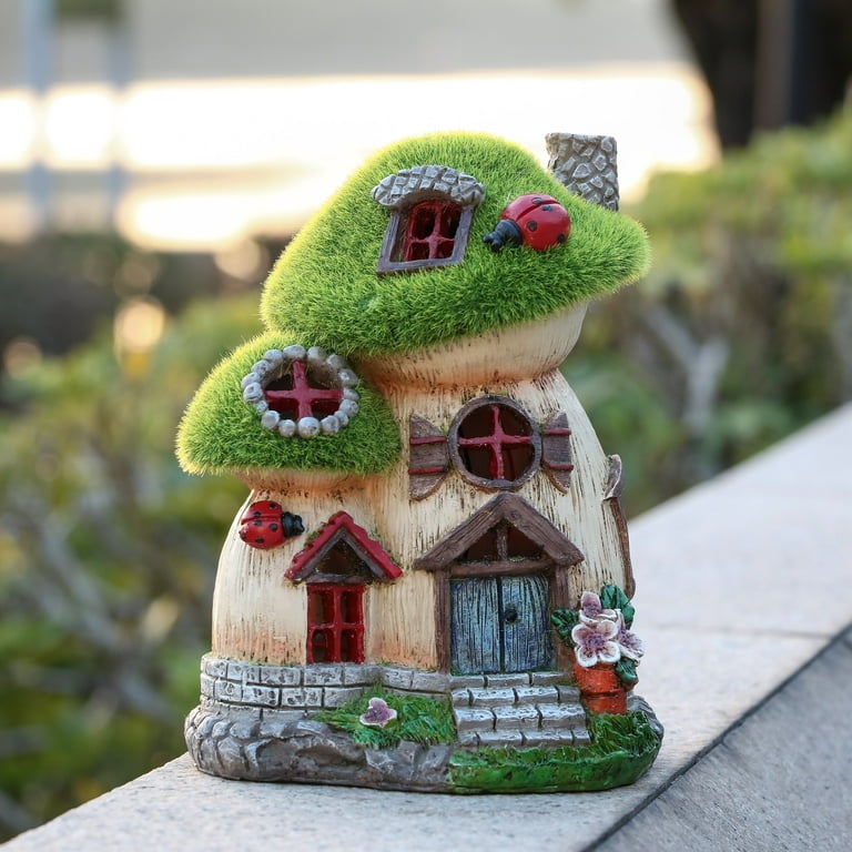  TERESA'S COLLECTIONS Mushroom Garden Statues with Solar Light,  Cute Flocked Fairy House Accessories Resin Cottage Figurines Lawn Ornaments  Outdoor Gifts for Flower Garden Patio Yard Decor, 7.7“ : Patio, Lawn 