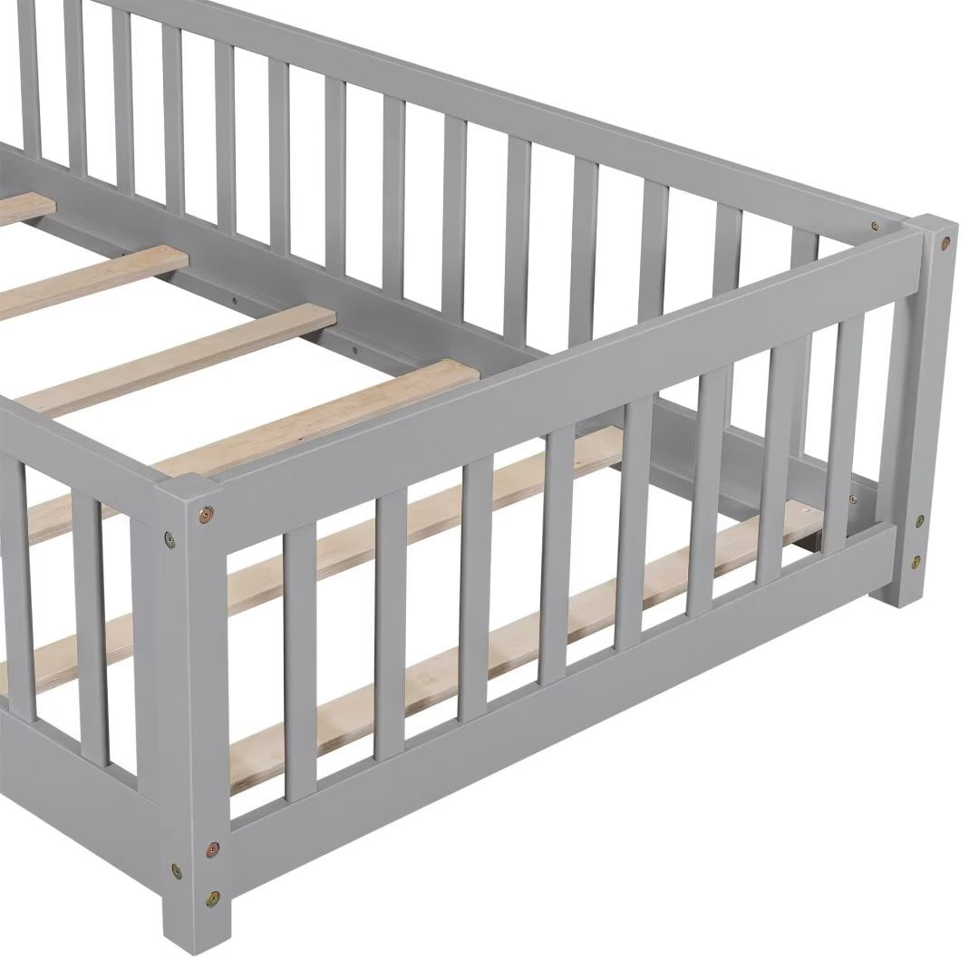Triple Tree Kids Twin Pine Wood Floor Bed with Fence, Gray/White