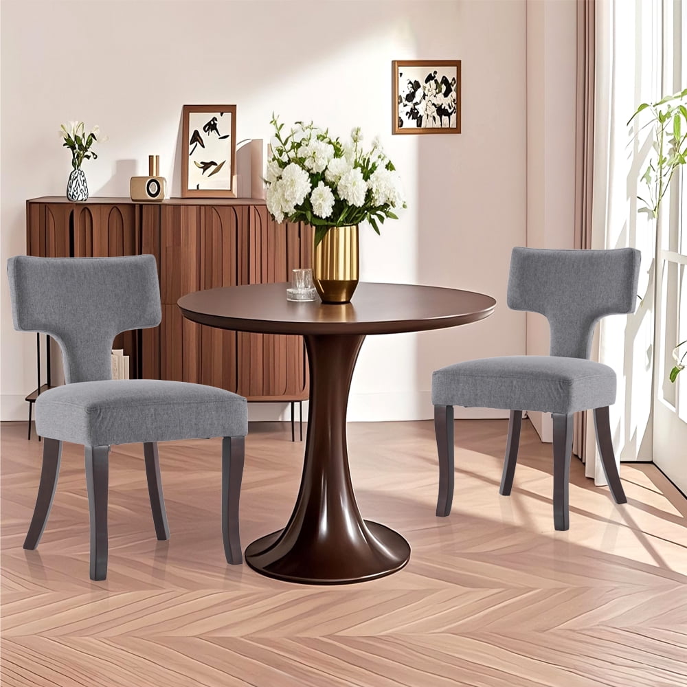 ENYLAY Mid Century Modern Wooden Dining Chairs Set of 2 , Linen Upholstered Armless Wooden Chairs with Curved Backrest for Farmhouse Kitchen/Dining Room (Gray)