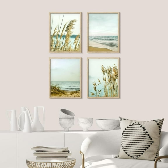 PixonSign Framed Wall Art California Beach Grass Ocean Horizons Posters, Set of 4 Nature Seaside Plants Serene Modern Art Realism Photography Canvas Prints for Home Decor - 11"x14" Natural