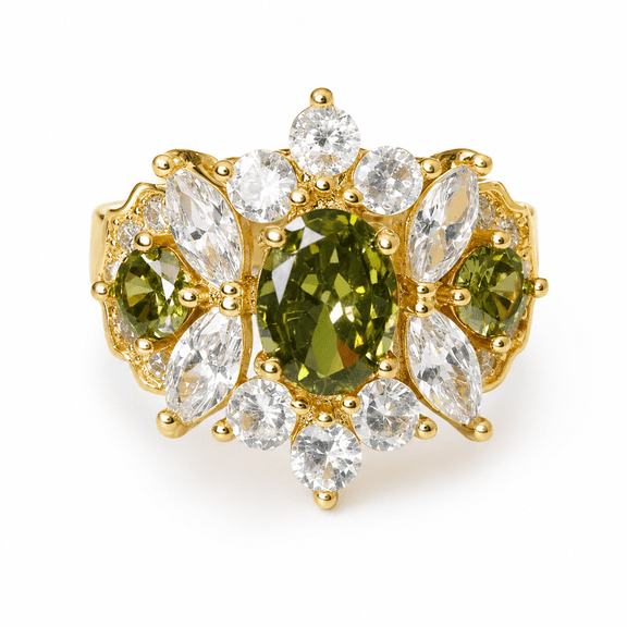 Adjustable Green CZ Ring for Women, Gold Tone Copper Cluster Ring