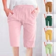 thumbnail image 6 of Lovskoo Cotton Linen Shorts for Women Knee Length Bermuda Shorts Trendy Casual Solid Color Waist Elastic Loose Straight Wide Leg Half Shorts with Pocket Yellow, 6 of 6