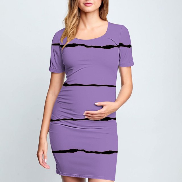 Ovzne Robes pour Femmes 2025 Robe Femme Mode Imprimée Plissée Jupe de Maternité Manches Courtes Col Rond Mi-Mollet Robe d'Été Manches Courtes Imprimée Liquidation