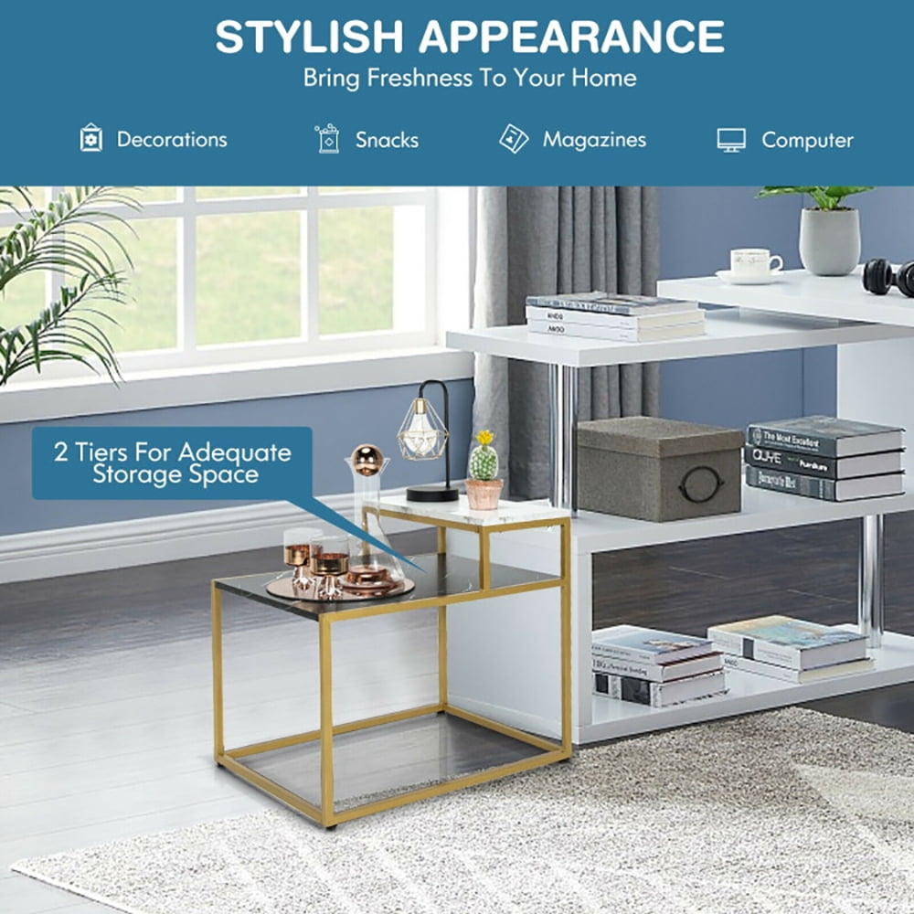 Finihen End Side Table, Rectangular Coffee Table, Gold Metal Frame Side Table, 2 Tier End Side Table with Metal Frame and Storage Shelf, for Living Room, Reception Room, White Finihen End Side Table, Rectangular Coffee Table, Gold Metal Frame Side Table, 2 Tier End Side Table with Metal Frame and Storage Shelf, for Living Room, Reception Room, White