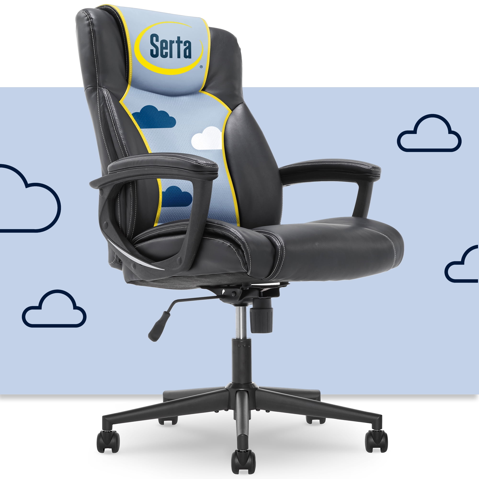 Serta Connor Executive Office Chair, Ergonomic Computer Chair with Layered Body Pillows, Contoured Lumbar, Adjustable Seat Height, Bonded Leather, Black