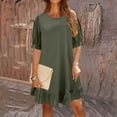 thumbnail image 4 of WILLBEST Wedding Guest Dresses Women Fashion Solid Retro Cotton and Linen Mid Sleeve Round Neck Loose Wide Hem Dress, 4 of 4