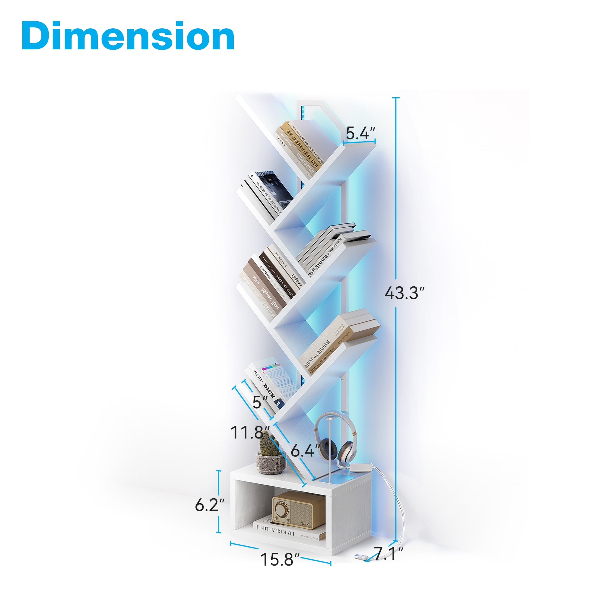 Casacomoda 6 Tier Tree Bookshelf, Bookcase with LED Lights, Display Floor Standing Storage Shelf, Book Organizer Shelves for Home Office, Living Room, White