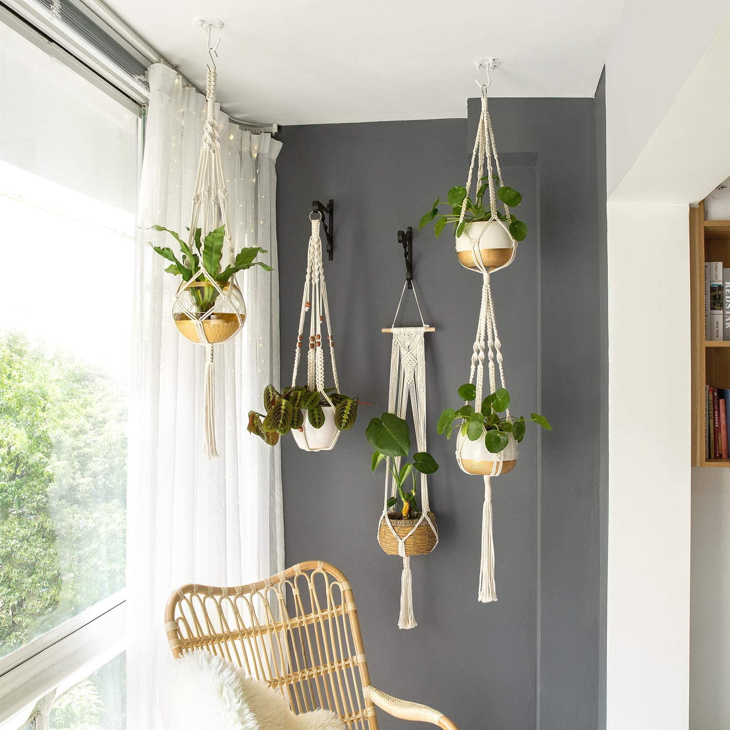 4PCS Macrame Plant Hangers, Indoor Hanging Planter Basket, Wall Decorative Flower Pot Holder with 4 Hooks for Indoor Outdoor Home Decor Gift Box