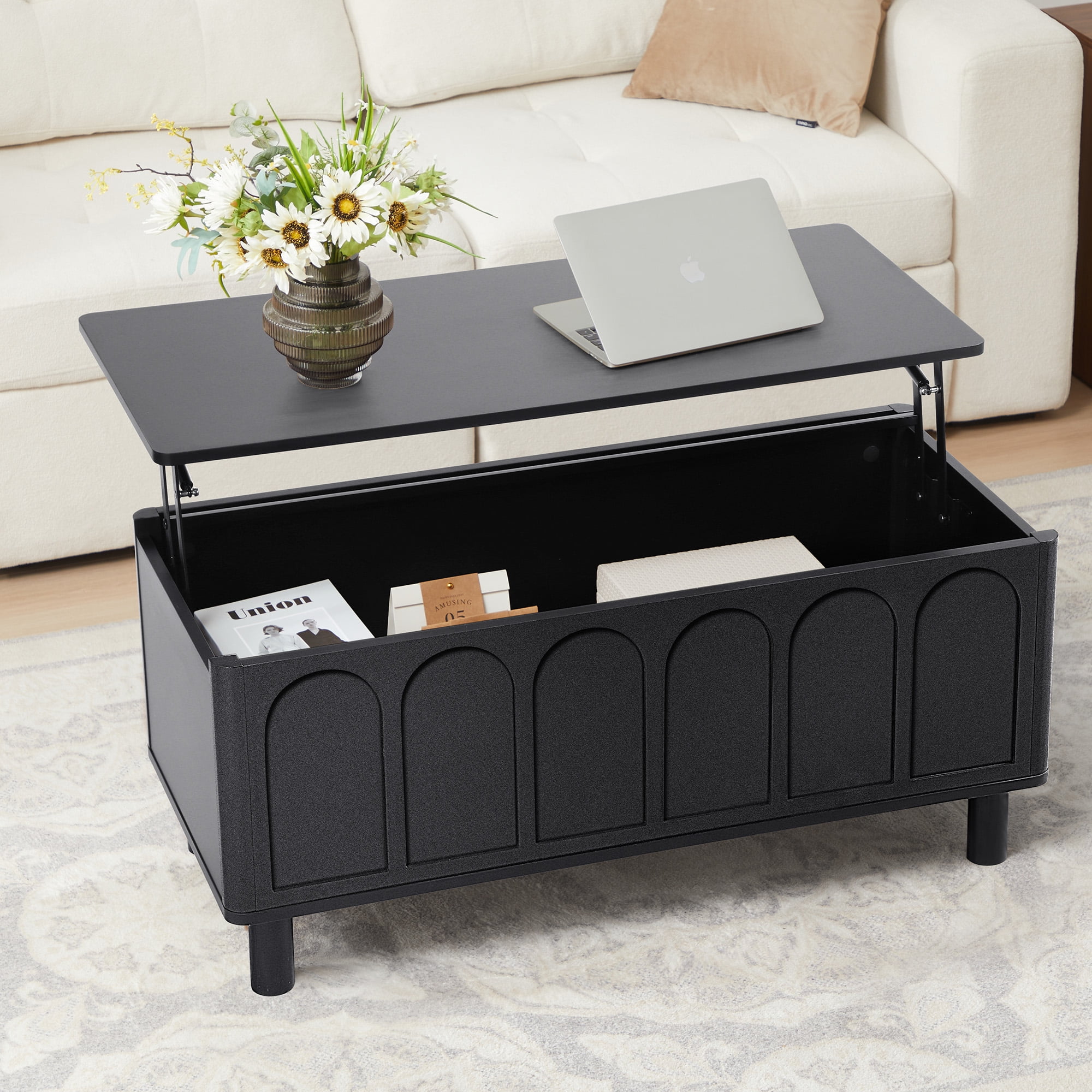 YOCWO Lift Top Coffee Table with Hidden Compartment & Storage Shelve, Arched Fluted Coffee Table for Living Room, Black