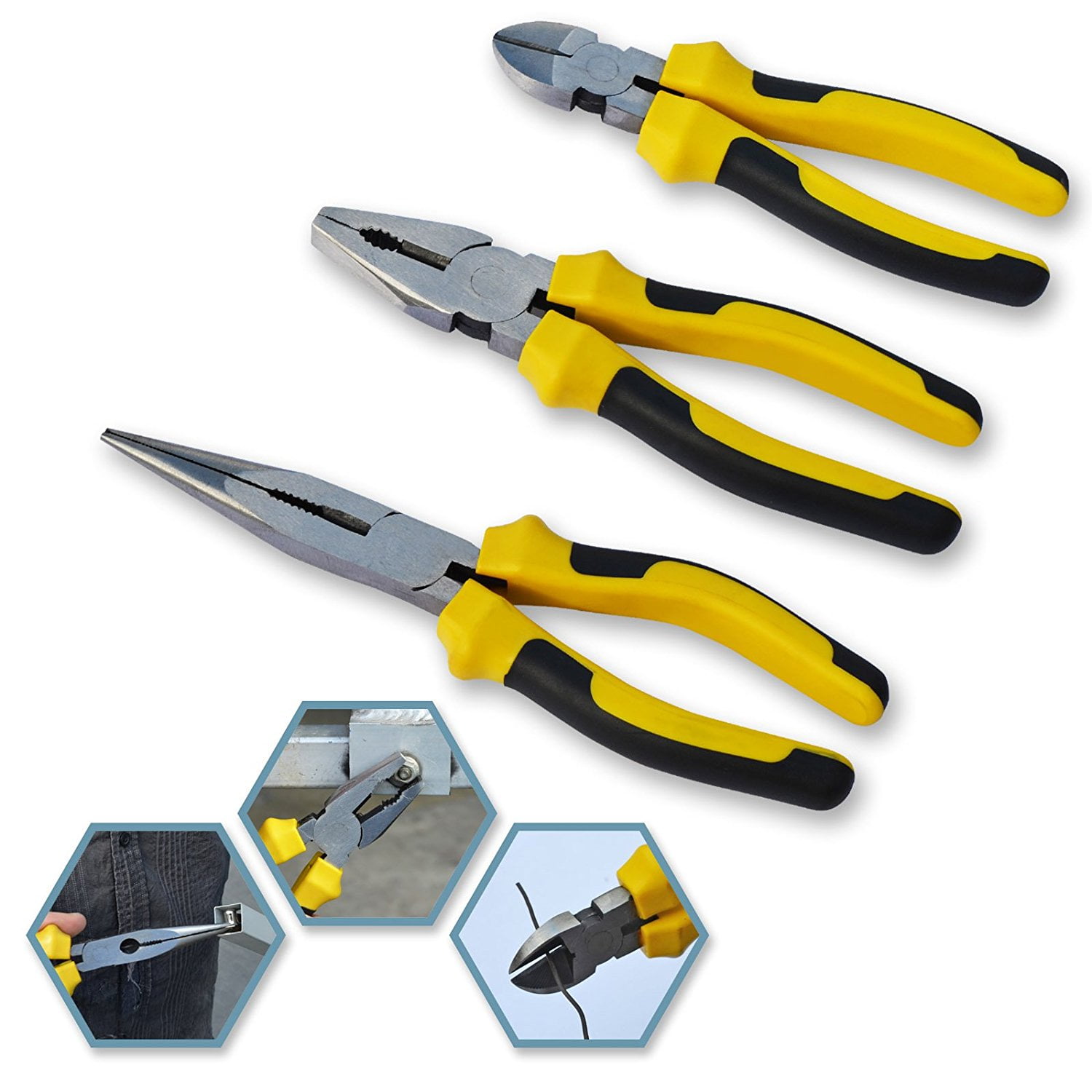 Sunrise 3 PC Basic Plier Set 7" Steel Wire Plier, 8" Sharp Mouth Pliers