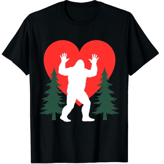 Funny Bigfoot in Love Heart Happy Valentine's Day Graphic Crew Neck Short Sleeve T-Shirts (Men's, Women's)
