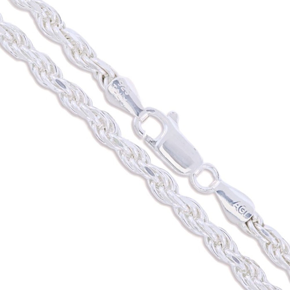 Solid Sterling Silver Rhodium Plated 4 Millimeter Rope Chain Necklace