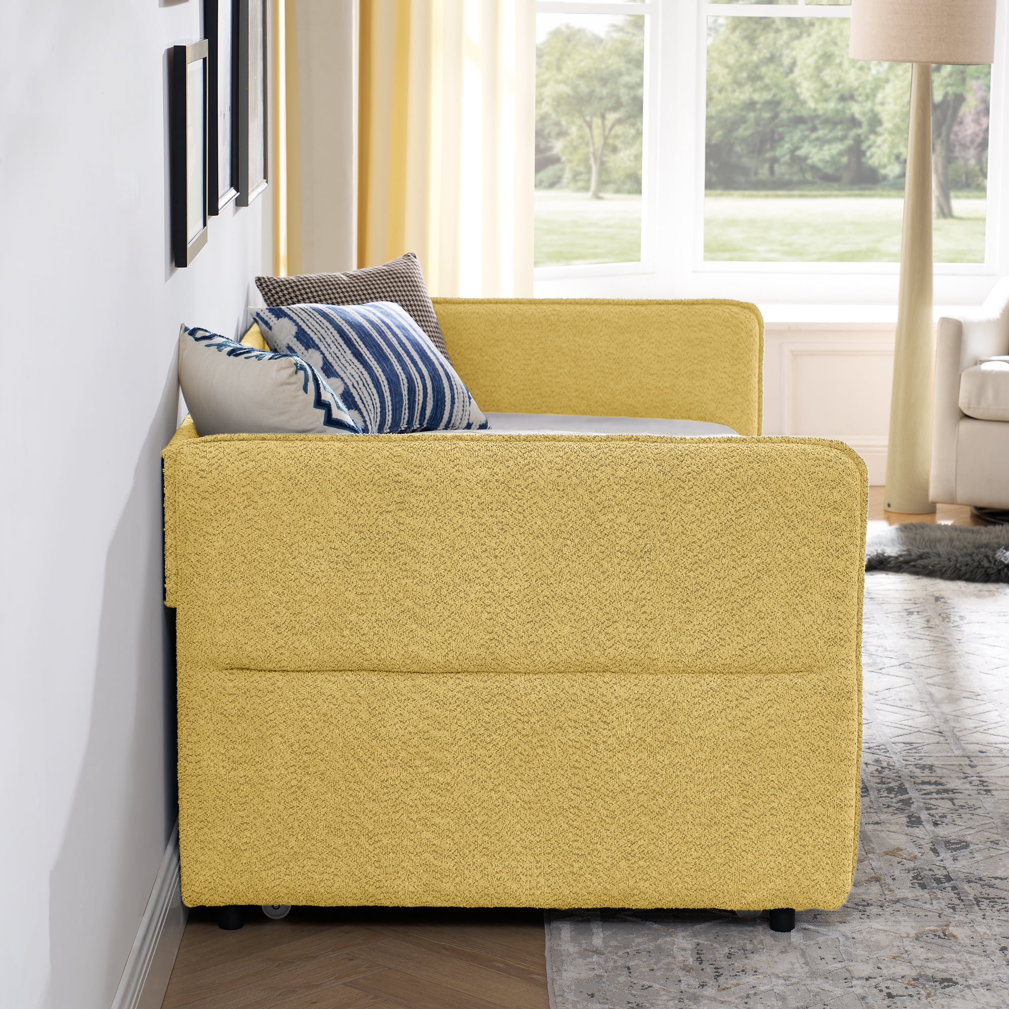 Mintazer Twin Upholstered Daybed with Trundle, Boucle Fabric Sofa Bed for Living Room & Bedroom, Yellow