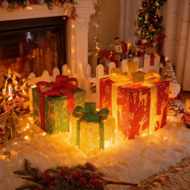 Cajas Navideñas Iluminadas con Control Remoto (Juego de 3) Led para Decoración Exterior | Material Abs Multicolor | 15,5 Cm, 20,5 Cm, 25,5 Cm | 3 Unidades | 900 G | Modos de Parpadeo | Funciona con P