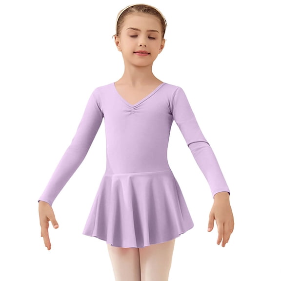 Posijego 3-13 Years Girls Leotards Dress Hollow out Bow Back Long Sleeve Dance Gymnastics Leotard Dresses