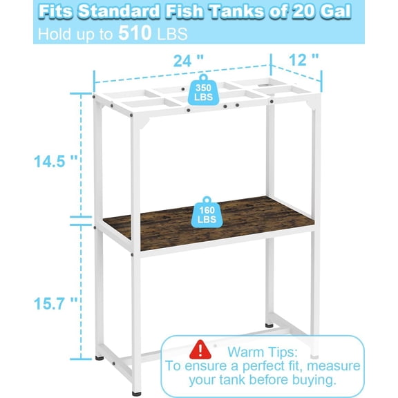 20 Gallon Fish Tank Stand, Upgraded Height Aquarium Stand Table with 2 Tiers Storage Shelf, Metal Reptile Breeder Turtle Terrarium Stand Rack for Home Office, 24" L x 12" W x 32.2" H, White