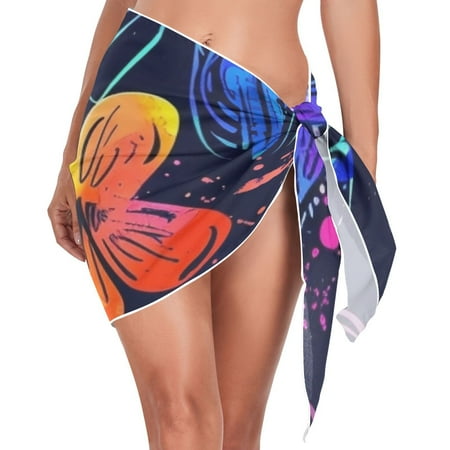 Flowers Graffiti Women Coverups Beach Cover Up Chiffon Swimsuit Bikini Wrap Short Skirt Beach Slit Tie Waist