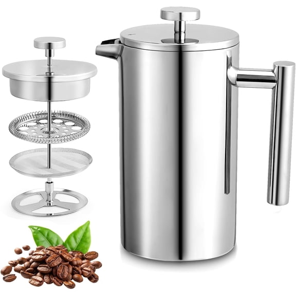 Small French Press Coffee Maker,12OZ/350ML Stainless Steel Insulated Press,Stainless with 2 Fliters 0.35 Liter (12oz, Sliver)