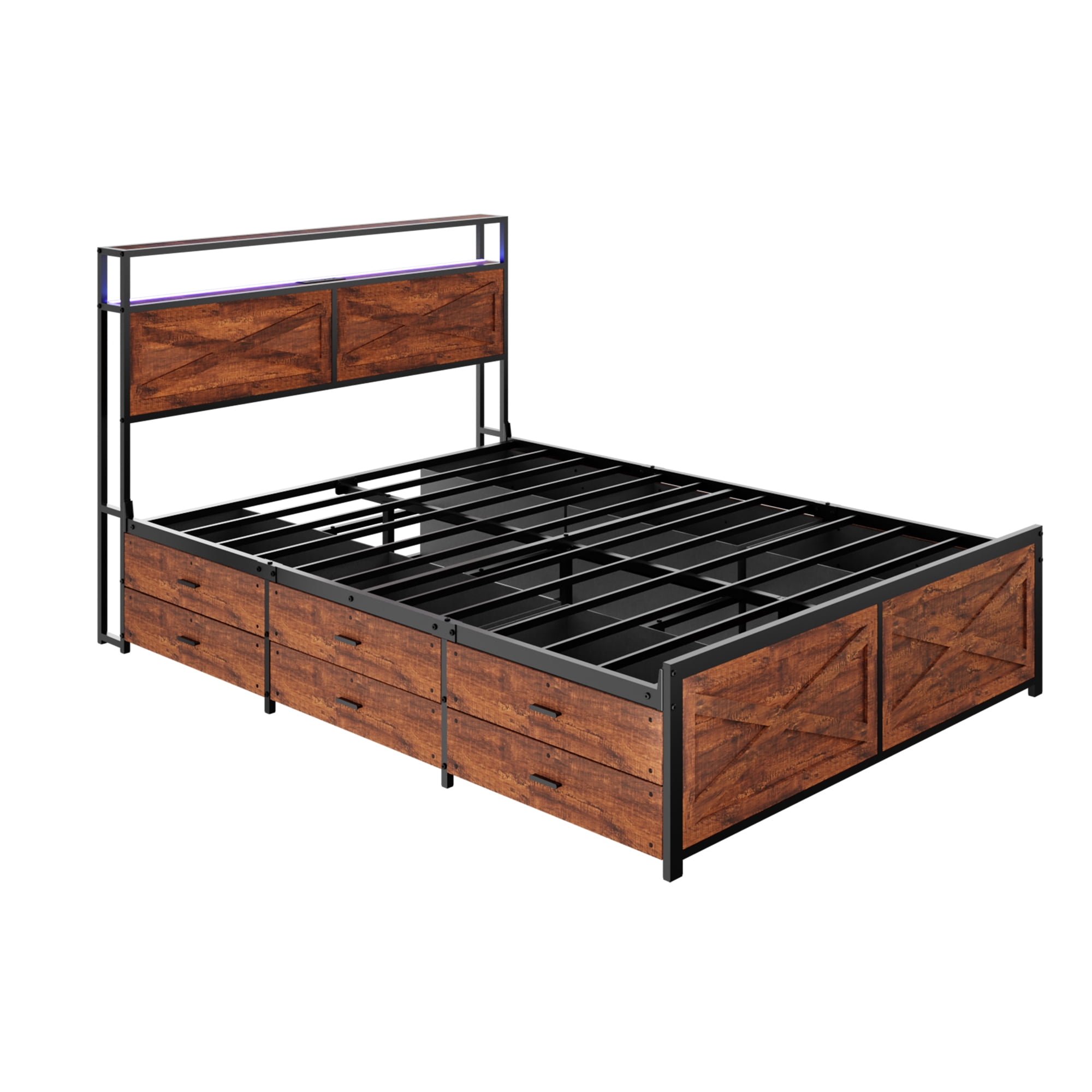 BSHTI Queen Bed Frame with 12 Storage Drawers, Wood & Metal LED Platform Bed Frame with Storage Headboard & Drawers, Charging Station, No Box Spring Needed, Farmhouse Style for Bedroom, Rustic Brown