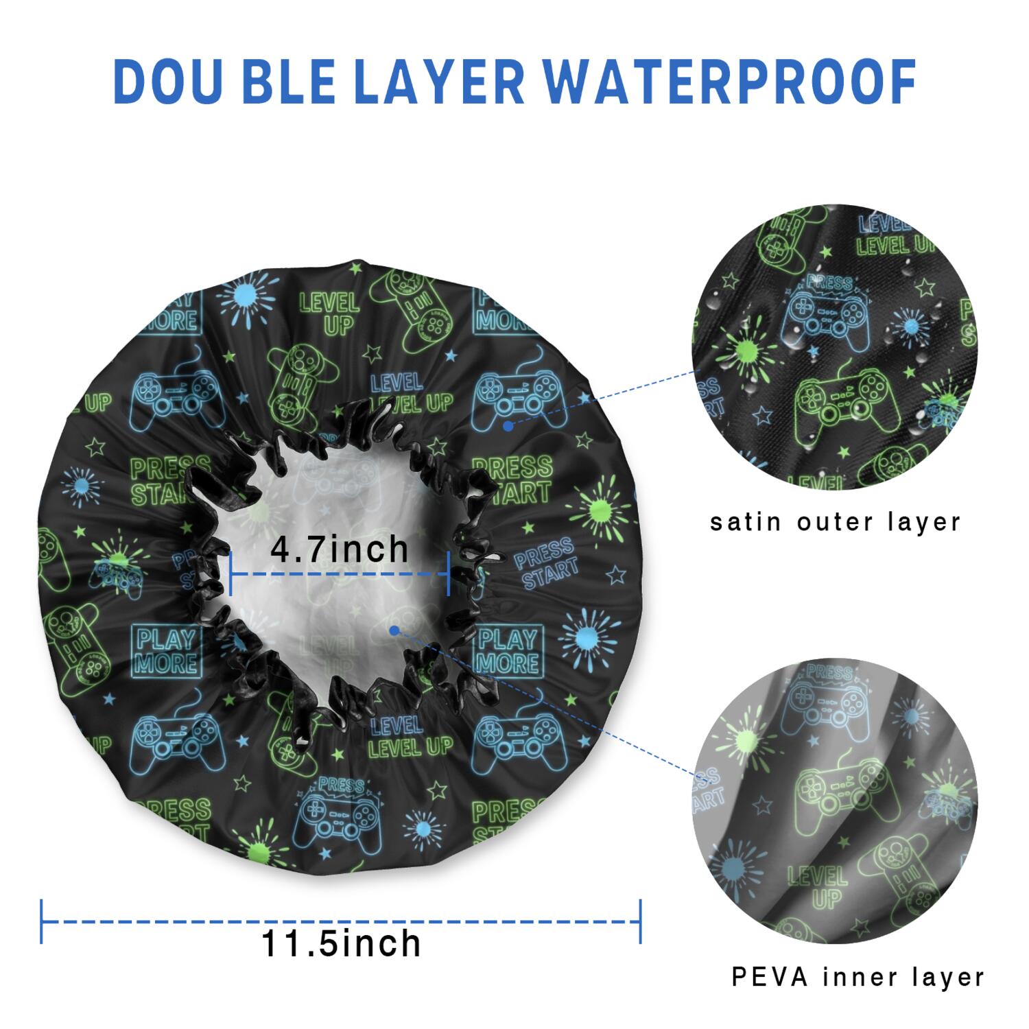 Shower Caps,Neon Games Element Black Pattern Waterproof Shower Cap for Women 4 Pieces,Double Reusable Hair Cover for Shower PEVA Elastic Stretch Hem