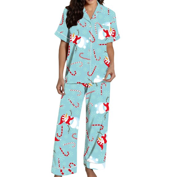 Christmas Pajamas Women's Two-Piece Christmas Pajamas short sleeves Button Shirt and Pants Set Home Clothes
