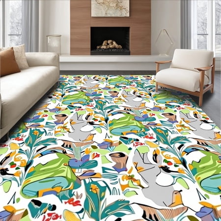 ODIKA 4'x6' Machine Washable Non-Slip Area Rug, Easter Meadow Fantasy with Cheerful Rabbits and Dotted Egg Accents High Traffic Rug, Green, 637577