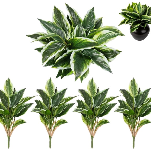 Tutuviw 4 Pcs Artificial Halcyon Hosta Perennial Greenery Plants 17.7in Faux Green Dieffenbachia Plant Greenery Aesthetic House Plants Shrubs for Outdoor Indoor Yard UV Resistant Planter Filler