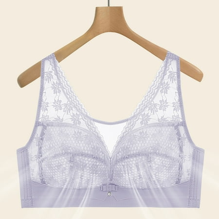 Elvqul Breathable Bras for Women Soft Underwire Purple Bralette Wirefree Plus Size Underwear Lace Ladies Nylon Bras