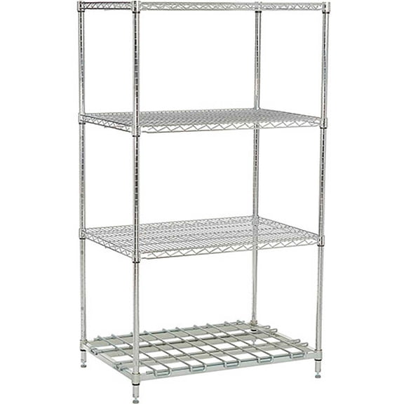 Global Industrial 243671DSN 74 x 36 x 24 in. Nexelon Blue Epoxy Starter Unit Wire Shelving with 1 Dunnage Shelf