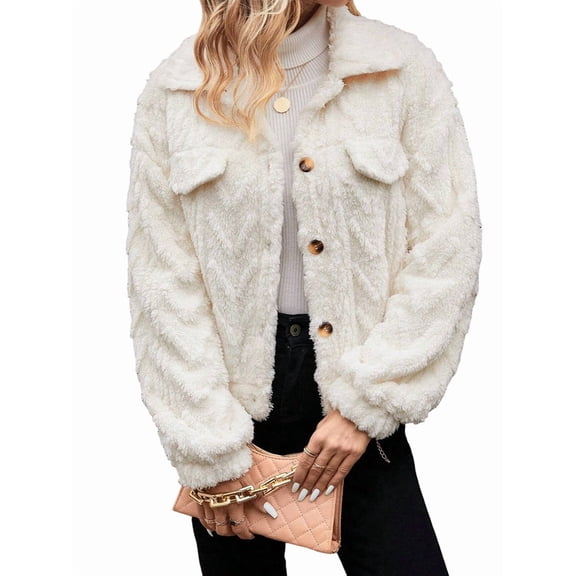 Winter Fleece Heating Jacket for Women Button Down Stand Collar with Pockets Coats White M
