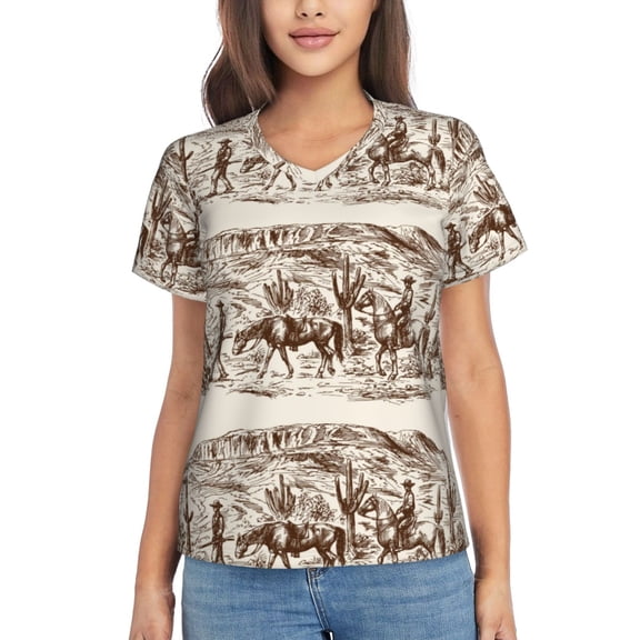 Vsdgher Western Desert Cowboys2 Women Shirts V Neck Short Sleeve Tops T-Shirt Basic Tees, S to 3XLSmall