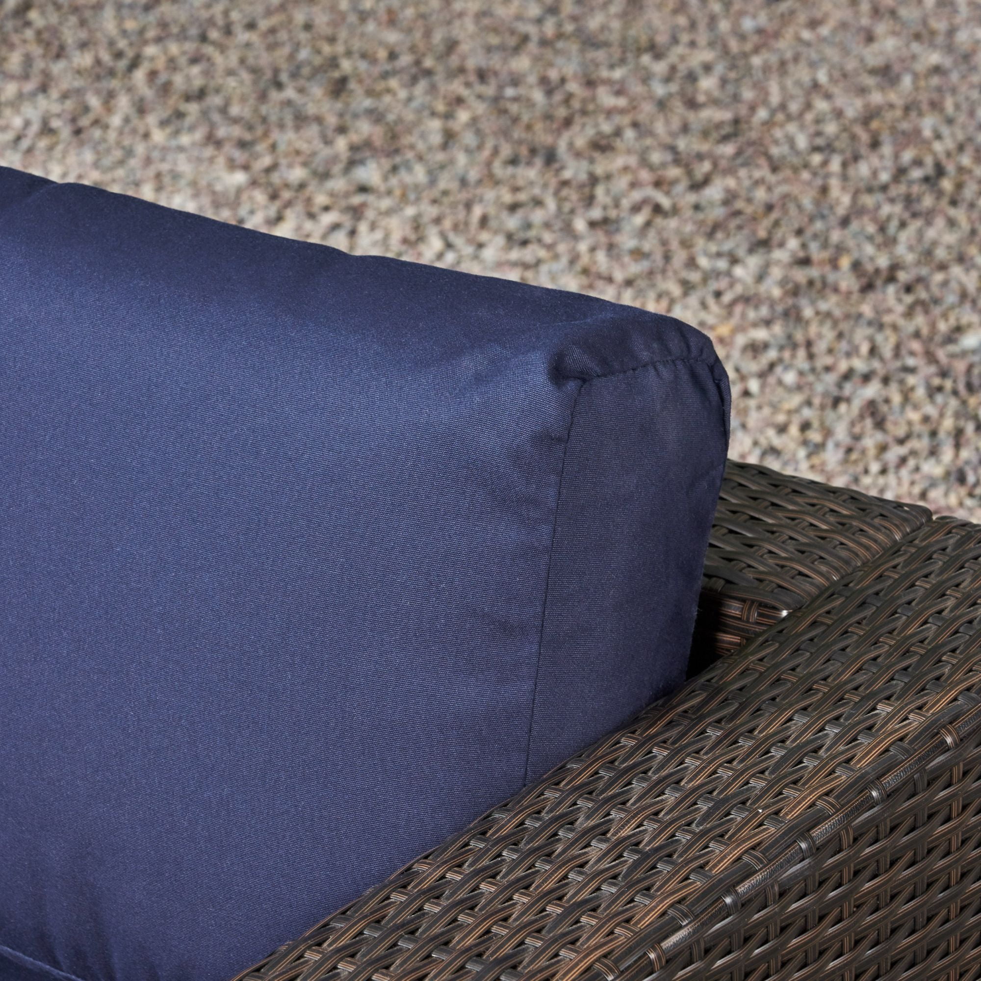 6-Piece Brown Wicker Finish Outdoor Furniture Patio Conversation Set - Navy Blue Cushions