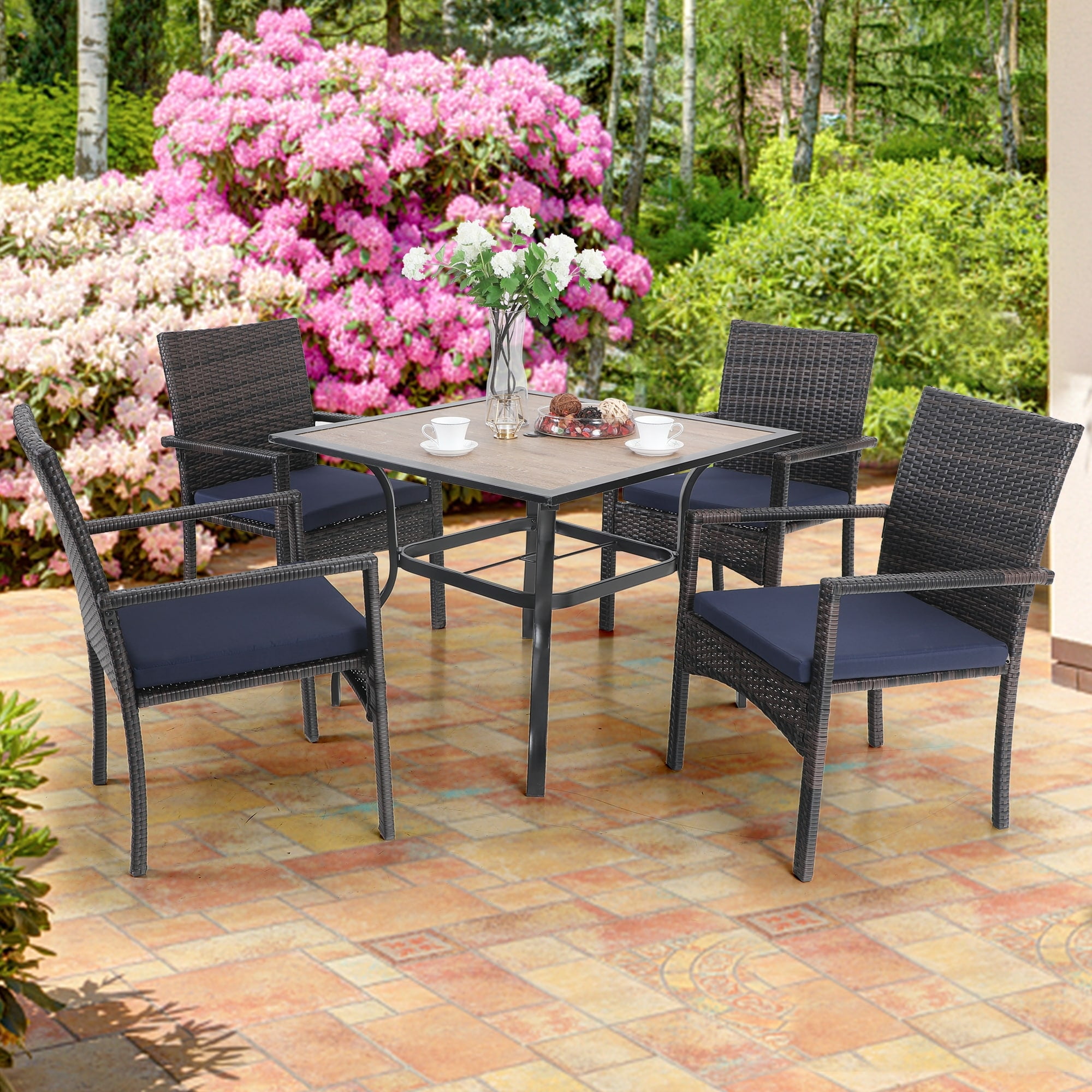 5Piece Patio Dining Set, 36" Square Acacia Wood Table and 4 Rattan